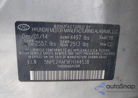 2015 Hyundai Sonata Se z USA, uszkodzony, nr VIN 5NPE24AF9FH144538